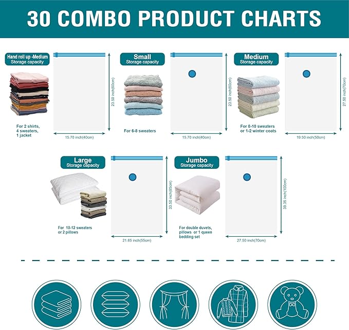 30 Pack Vacuum Storage Bags, Space Saver Vacuum Storage Bags, Vacuum Seal Bags for Clothing, Clothes, Comforters and Blankets, Hand Pump Included