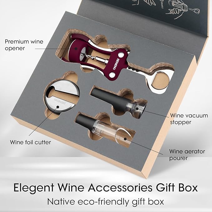 Beneno Multifunctional Wine Bottle Opener Gift Set - Wing Corkscrew, Foil Cutter, Vacuum Stopper & Aerator Pourer, Perfect for Wine Lovers Man Woman, Purple Set