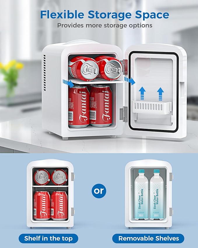 Electactic 4L/6 Cans Mini Fridge, Portable Compact Refrigerator, Small Skin Care Fridge, Food and Drinks, Small Cooler for Bedroom, Dorm, Car, Office, White