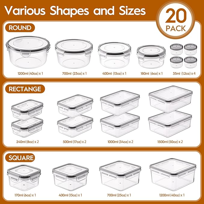 40 PCS Food Storage Containers with Lids Airtight (20 Containers & 20 Lids), Leak proof Meal Prep Container Set for Kitchen Storage, BPA-free, PVC-free Plastic, Microwave/Dishwasher Safe, Labels & Pen