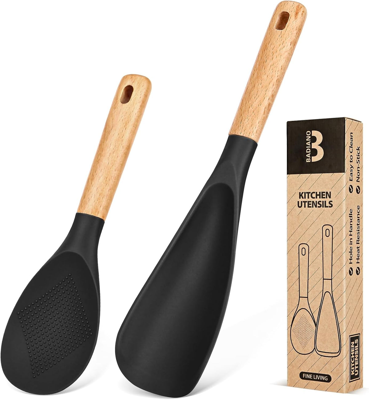 Cooking Spoon and Rice Scooper for Nonstick Cookwares, Great for Cooking and Serving Sturdy BPA-Free Matte Silicone, Wood Handle Spoon for Mixing, Scoop, and Scrape (Black)