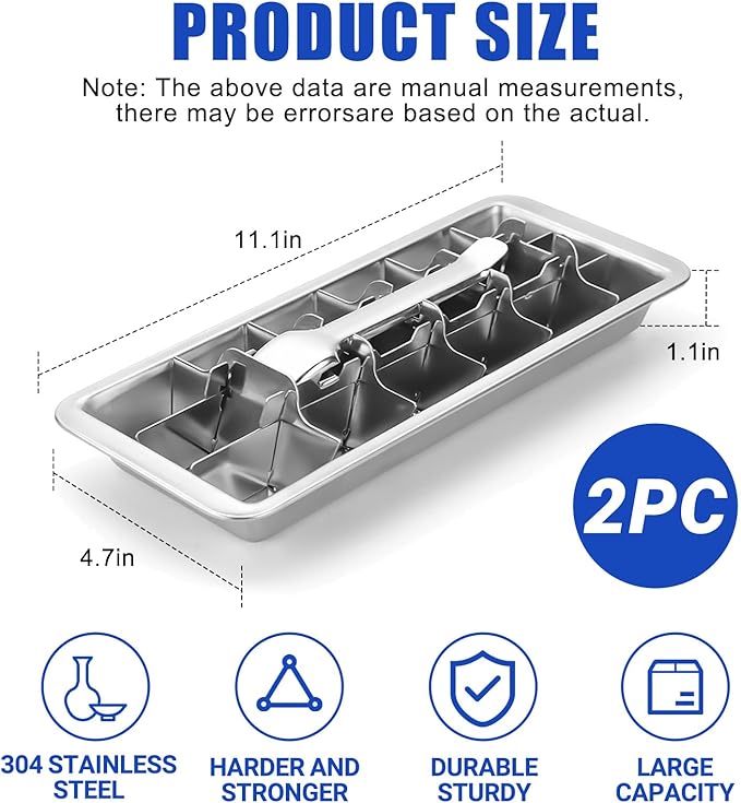 2 Pcak 18-Slot Ice Cube Trays Stainless Steel - Professional Heavy Duty Metal Icecube Mold, Non-Toxic Freezer Tray with Lever Release, Bar & Kitchen Use, Send Goods from Local Warehouse