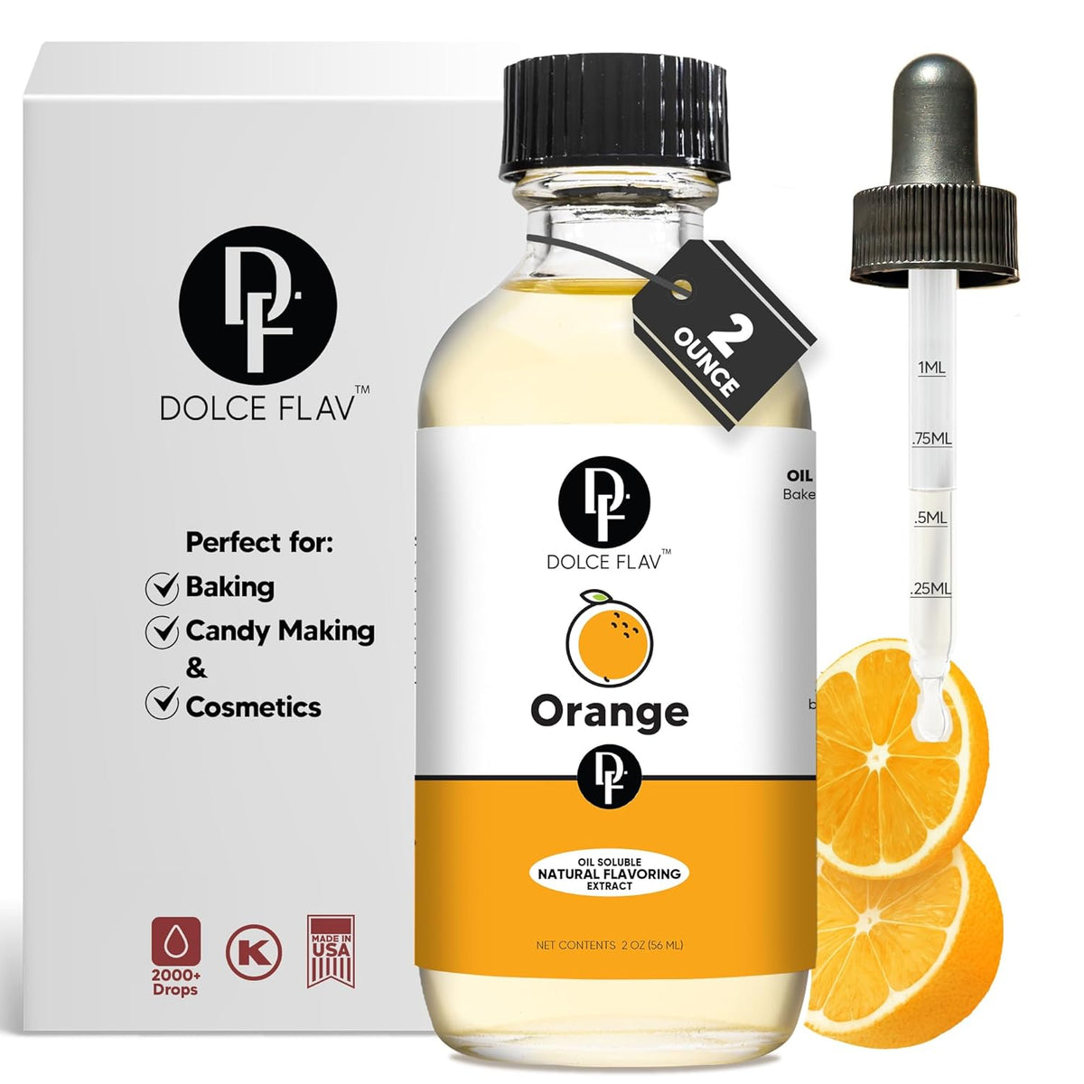 Dolce Flav Natural Orange Extract – 2 Ounce Oil-Soluble Kosher, Sugar-Free, Concentrated Citrus Flavor for Candy, Chocolates & Desserts, Includes Measured Dropper
