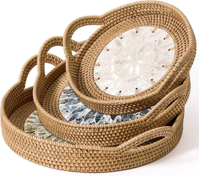 Round Rattan Tray Set (3-Piece) with Mother of Pearl Inlay & Wooden Base | Decorative Wicker Serving Basket | Storage for Coffee, Bread, Fruit | Table, Kitchen Island Decor
