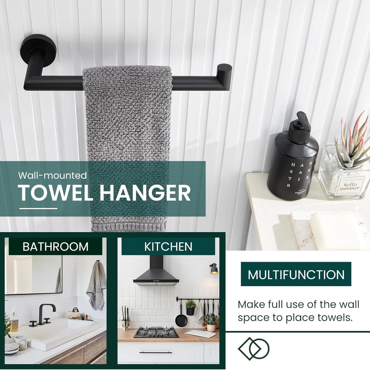Suyar Bathroom Towel Holder, SUS 304 Stainless Steel Hand Towel Bar for Wall, Matte Black