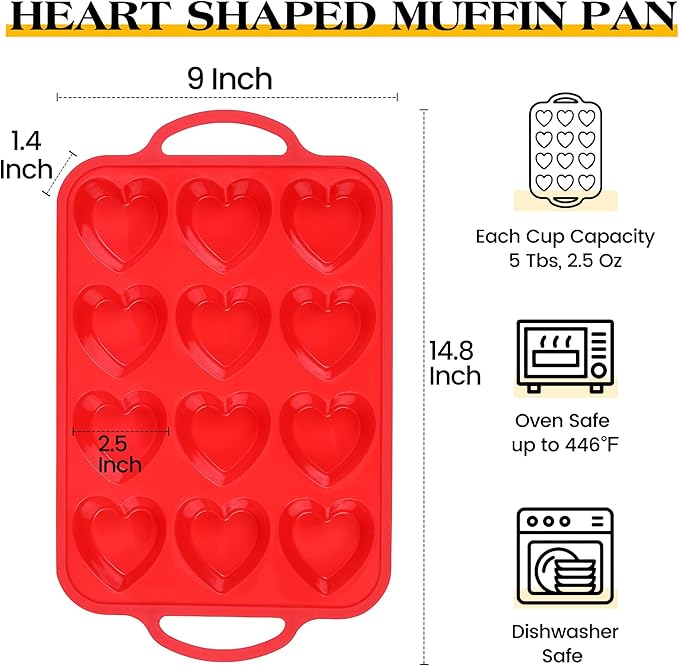 2 Pcs Heart Shaped Muffin Pan with Metal Reinforced Frame 12 Cup Nonstick Silicone Heart Cake Mold for Baking 2.5 Inch Cupcake Tray (Red)