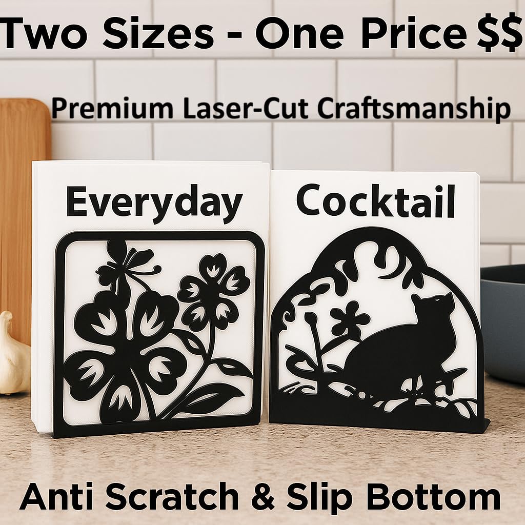 Decorative Metal Napkin Holder Set – Cat & Floral Design – 2 Sizes for Everyday & Cocktail Napkins – Black Modern Kitchen Coffee Filter Holder for Size #2 & #4 coffee filters.