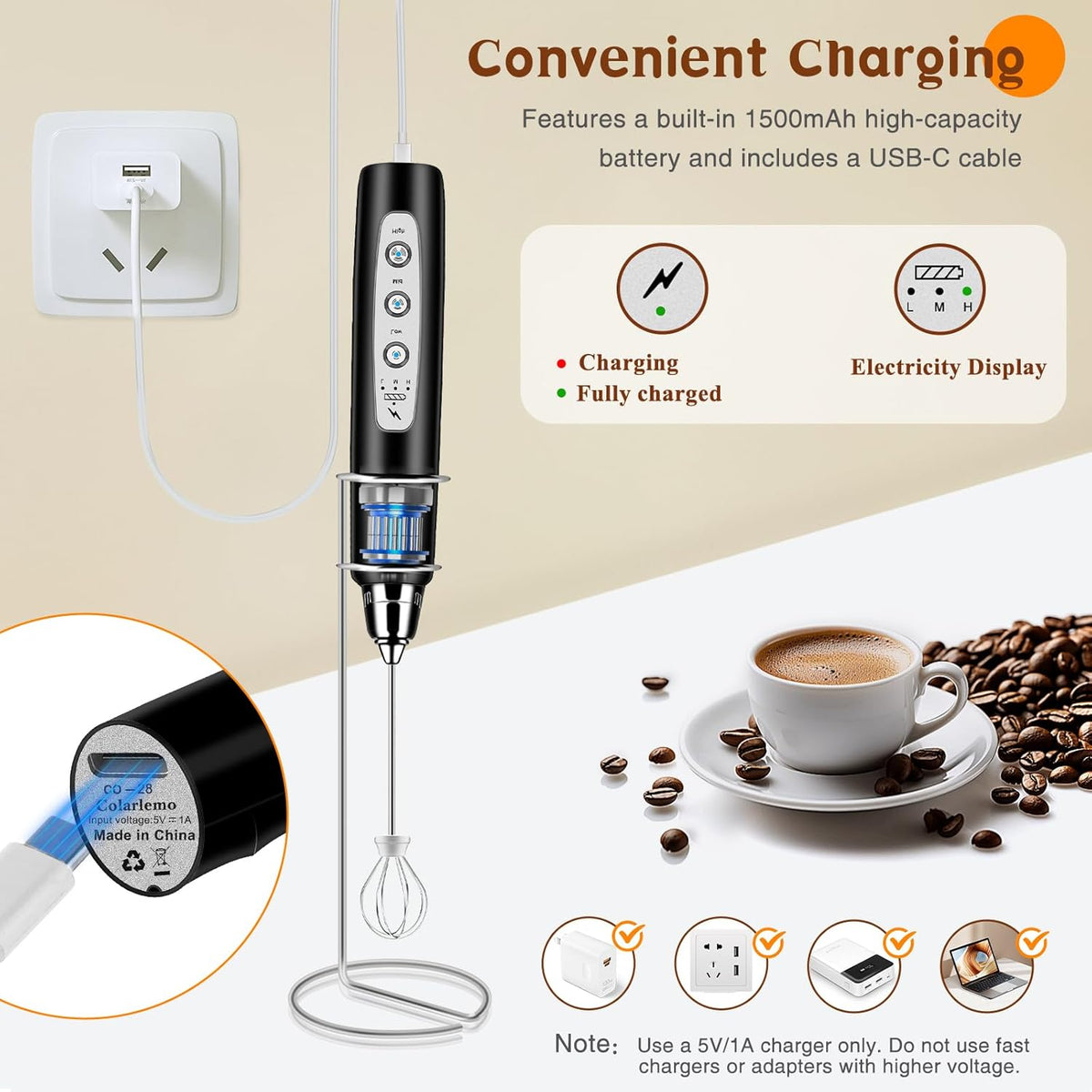 Milk Frother Handheld Rechargeable with Stand, Frother Wand Drink Mixer Electric Whisk for Coffee, Detachable With 3 Stainless Whisks, Hand Mixer for Lattes, Cappuccino, Matcha, Egg, Black