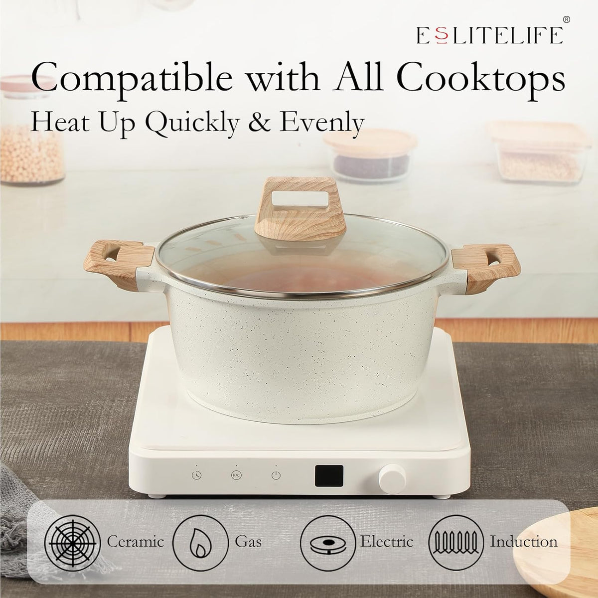 ESLITE LIFE Nonstick Stock Pot with Lid, 7 Quart Granite Casserole Large Soup Pot Pasta Cooking Pot, Induction Compatible, PTFE & PFOA Free, White