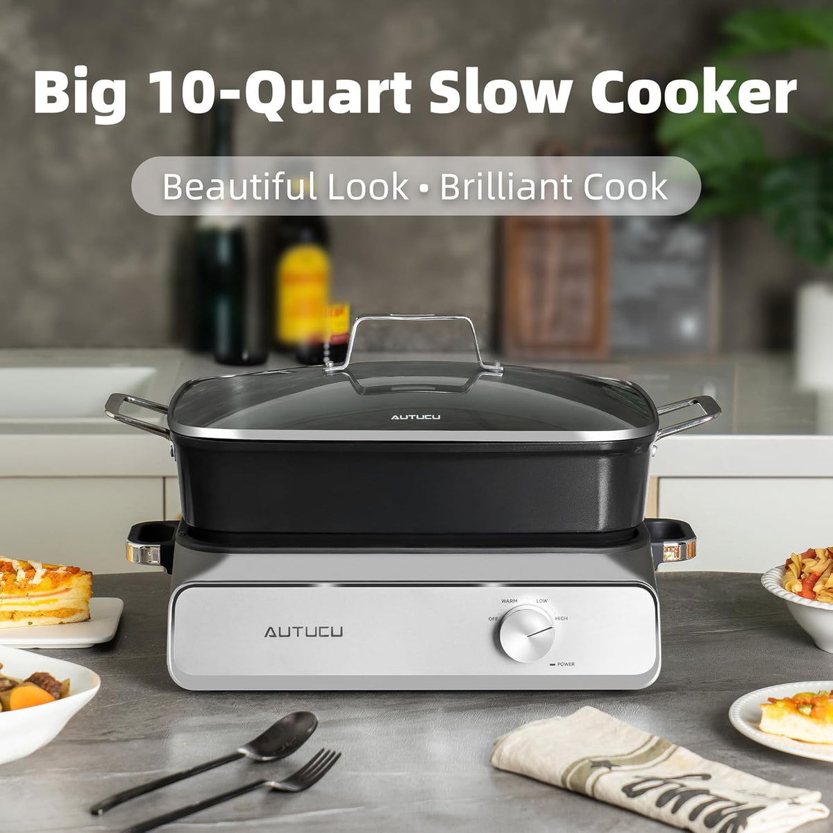 Slow Cooker 10-Quart - PFOA-Free Ceramic Coating, Oven Safe to 450°F | Keep Warm Function for Large Family Gatherings (Includes Silicone Spoon)