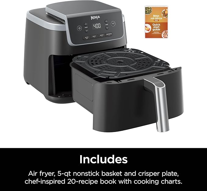 Ninja | Air Fryer | 4-in-1 Pro Air Fry, Roast, Reheat, Dehydrate | 5QT Capacity fits up to 4lbs of French Fries | 400F Max Temp | Nonstick Basket & Crisper Plate | 120V | Grey | AF141