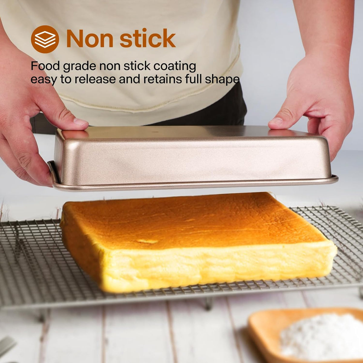 Rectangle Cake Pan, 9x11 Baking Pan, Deep Bread Pan Nonstick, Toaster Oven Tray Bakeware for Brownies, Heavy Duty, 11x9x2 Inch, Pack of 2, Gold, Easy Release