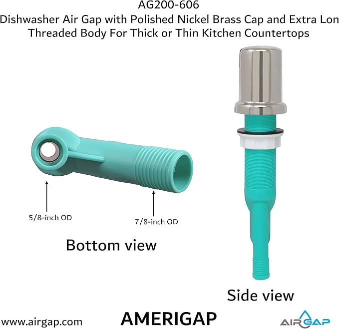 Dishwasher Air Gap with Skirted Polished Nickel Brass Cap and Extra Long Threaded Body for Thick or Thin Kitchen Countertops (AG200-606, AG200-X06, AMERIGAP)