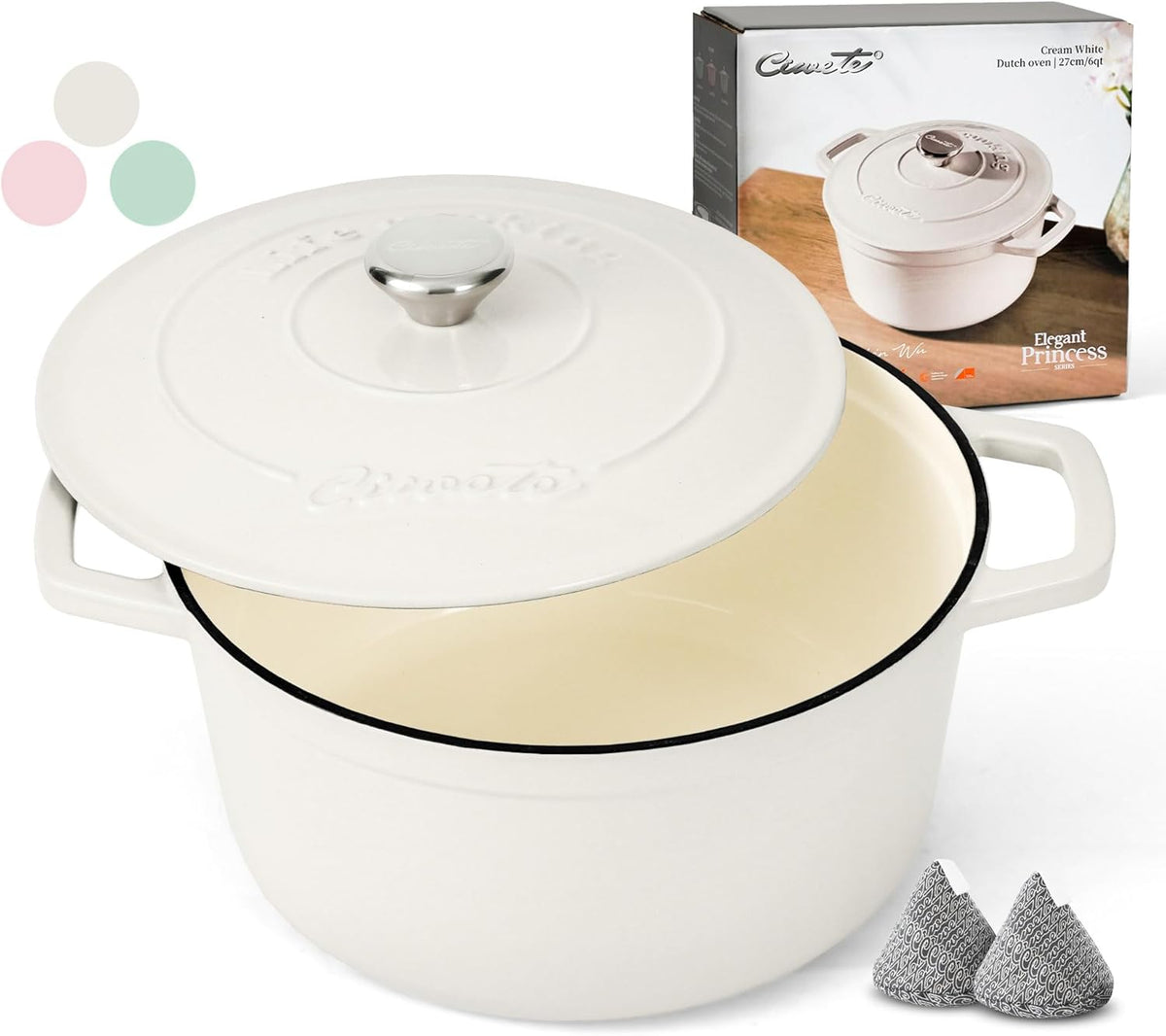 6 QT Dutch Oven Pot with Lid, Enameled Cast Iron Dutch Oven for Bread Making, Braiser, Cooking, Dual Handles, Oven Safe up to 500° F or on Stovetop, Gifts for Family - Off White