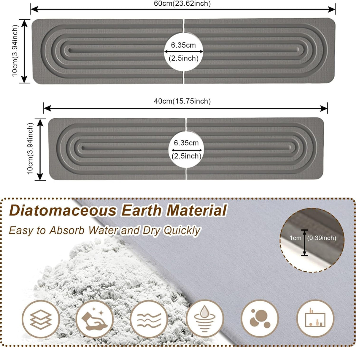 Faucet Mat for Kitchen Sink, Diatomite Super Absorbent Fast Drying Stone Sink Tray for Bathroom Kitchen Sink Splash Guard(Square Dark Grey,23.6x3.9in)