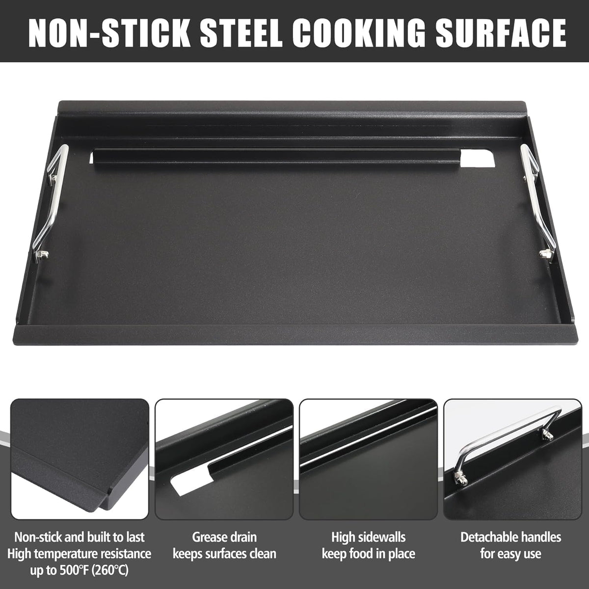 Full Size Griddle with Handles for Kitchen Aid 720-0709C 720-0826 860-0003C, Flat Top Grill Insert Replacement for KitchenAid 750-0780 870-0003 Nexgrill 720-0709B, Carbon Steel, Non-stick