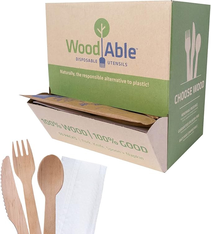Disposable Wooden Cutlery Set - 100% Home Compostable - Wooden Utensils, Eco-Friendly, Organic, Sustainable and Carbon Neutral Certified - Fork, Knife, Spoon & Napkin - 150