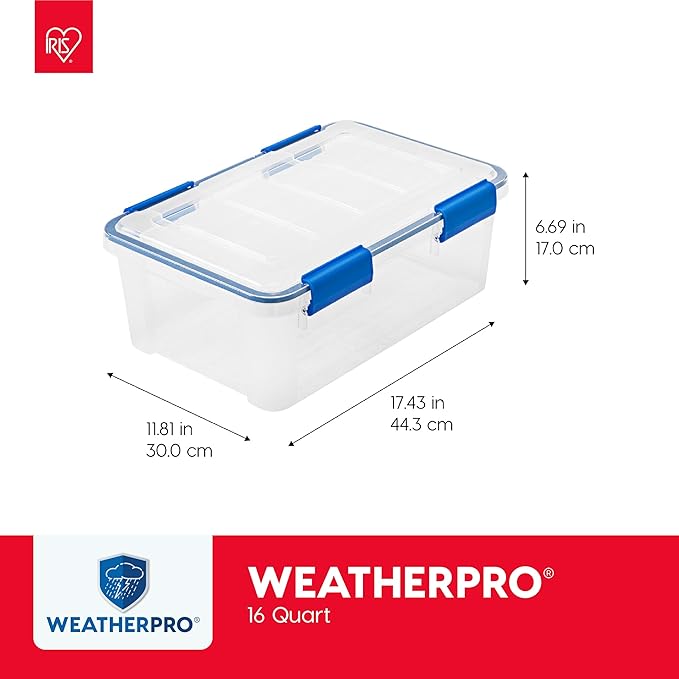 IRIS USA WeatherPro 16 Qt Storage Bins with Lids, 3 Pack, BPA-Free Plastic Gasket Box with Tight Latch and Seal, Stackable Nestable Tote Tub - Clear/Blue