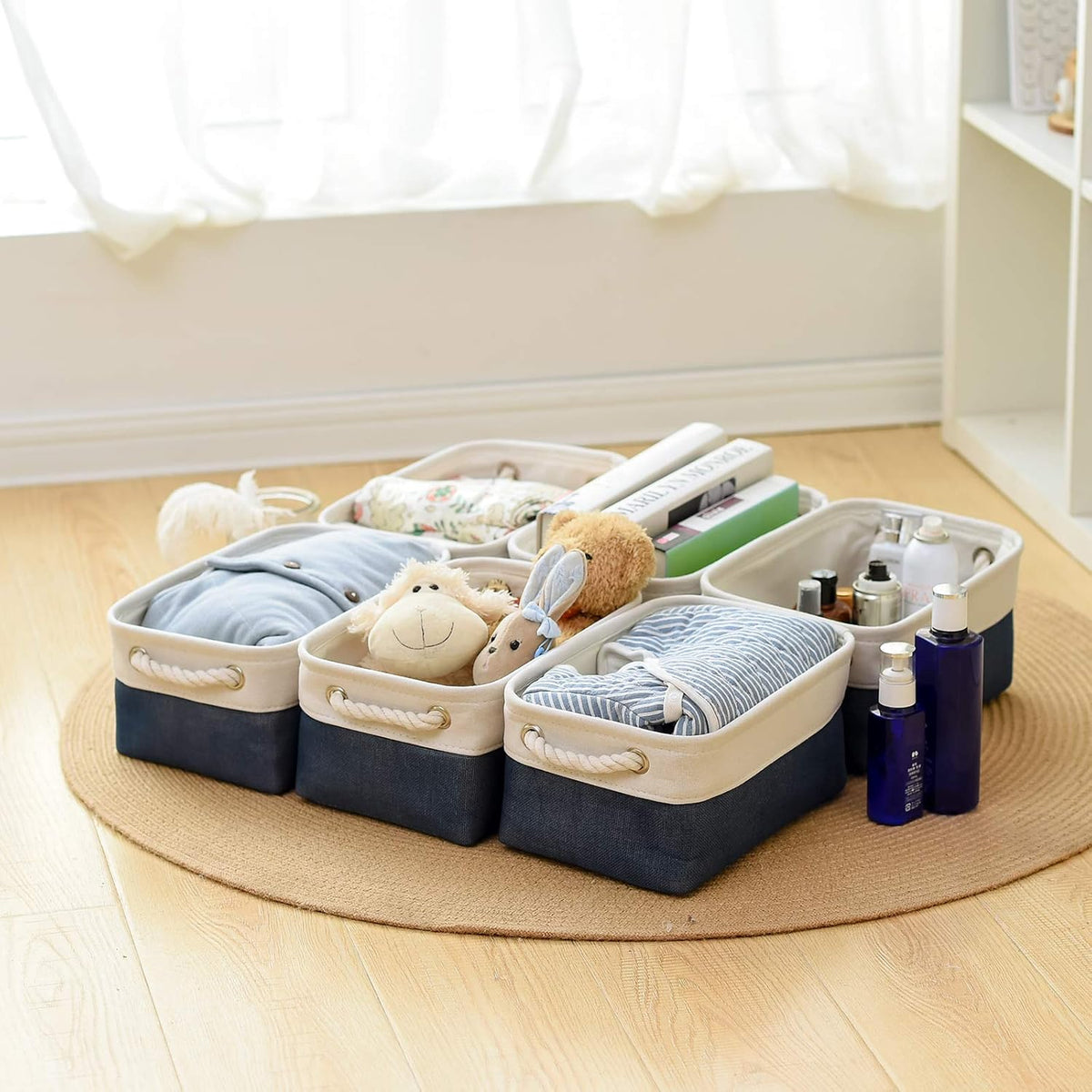 Storage Basket for Organizing - 12x8x5.2 inch Small 6 Pack Fabric Storage Bin Collapsible Baskets for Shelves with Rope, Storage Box for Cloth Decorative Laundry Canvas(White & Blue)