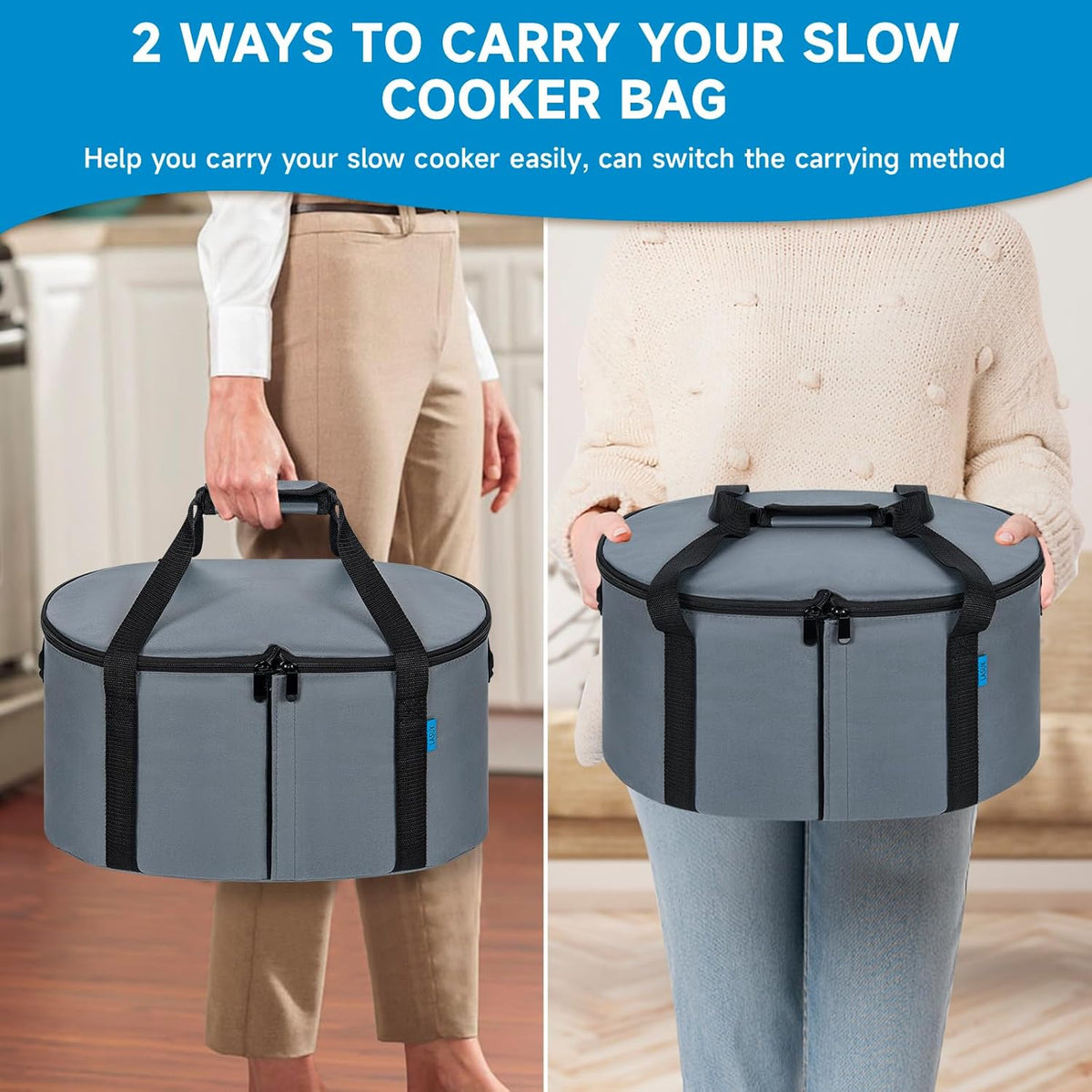Portable Slow Cooker Travel Bag, Isulated Carrier Case Tote for 4-8 Quart Crock Carrier Compatible with Else Brands, Internal Mesh Net Holds Pot in Place, For Travel, Outdoor, Picnic, Grey