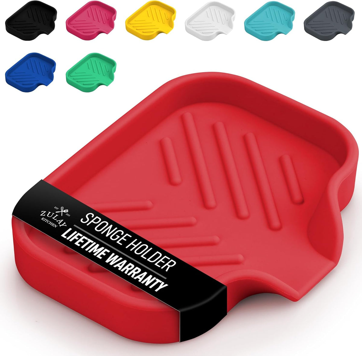 Zulay Kitchen Small Silicone Sponge Holder (4.9x3.3”) – Space-Saving Sink Organizer Tray for Sponge, Soap, Brush & More – Compact Non-Slip Dish for Kitchen & Bathroom (Red)