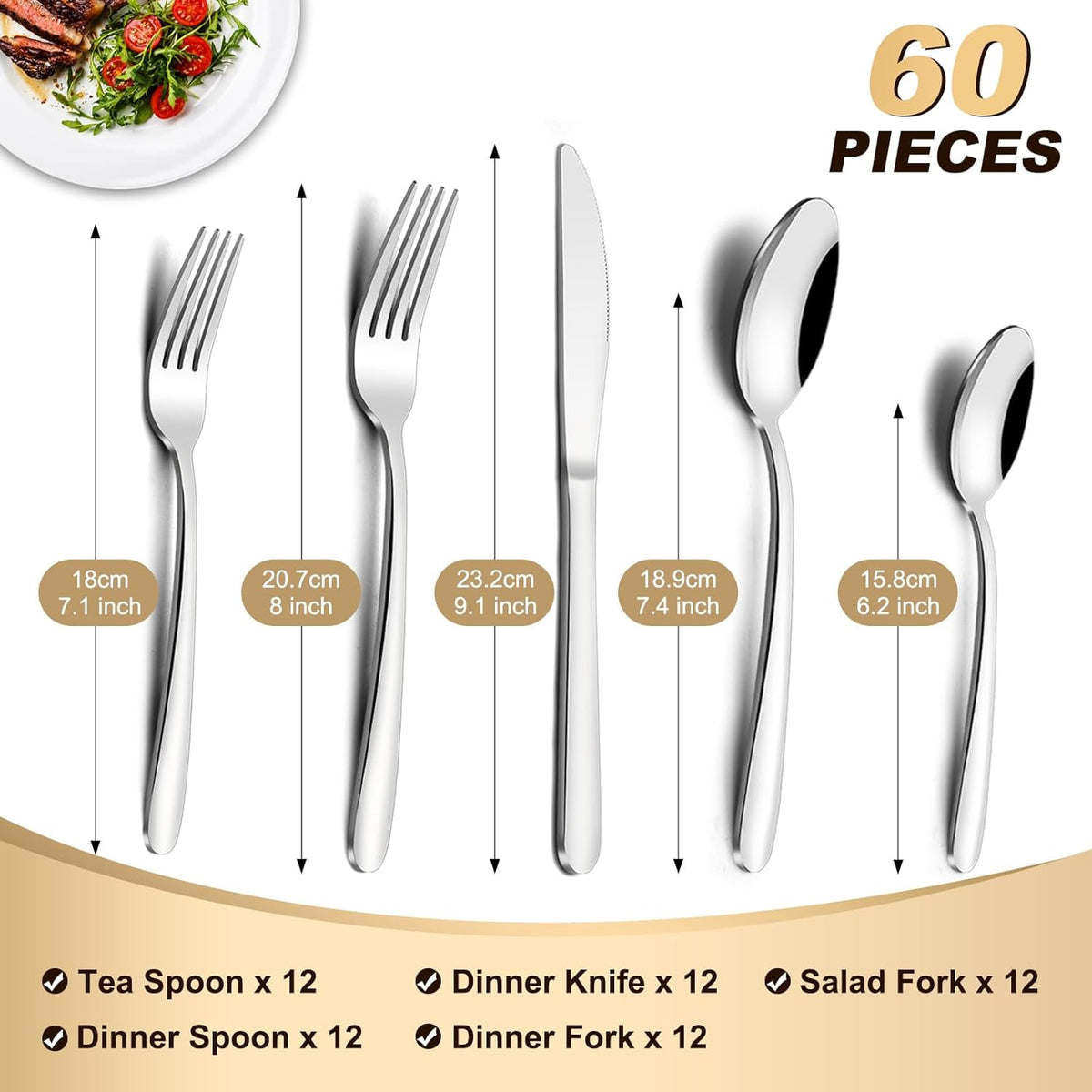 Pleafind 60-Pcs Silverware Set Service for 12, Premium Stainless Steel Flatware Set, Include Forks Spoons and Knives Set, Mirror Polished Cutlery Utensil Set for Home Restaurant, Dishwasher Safe