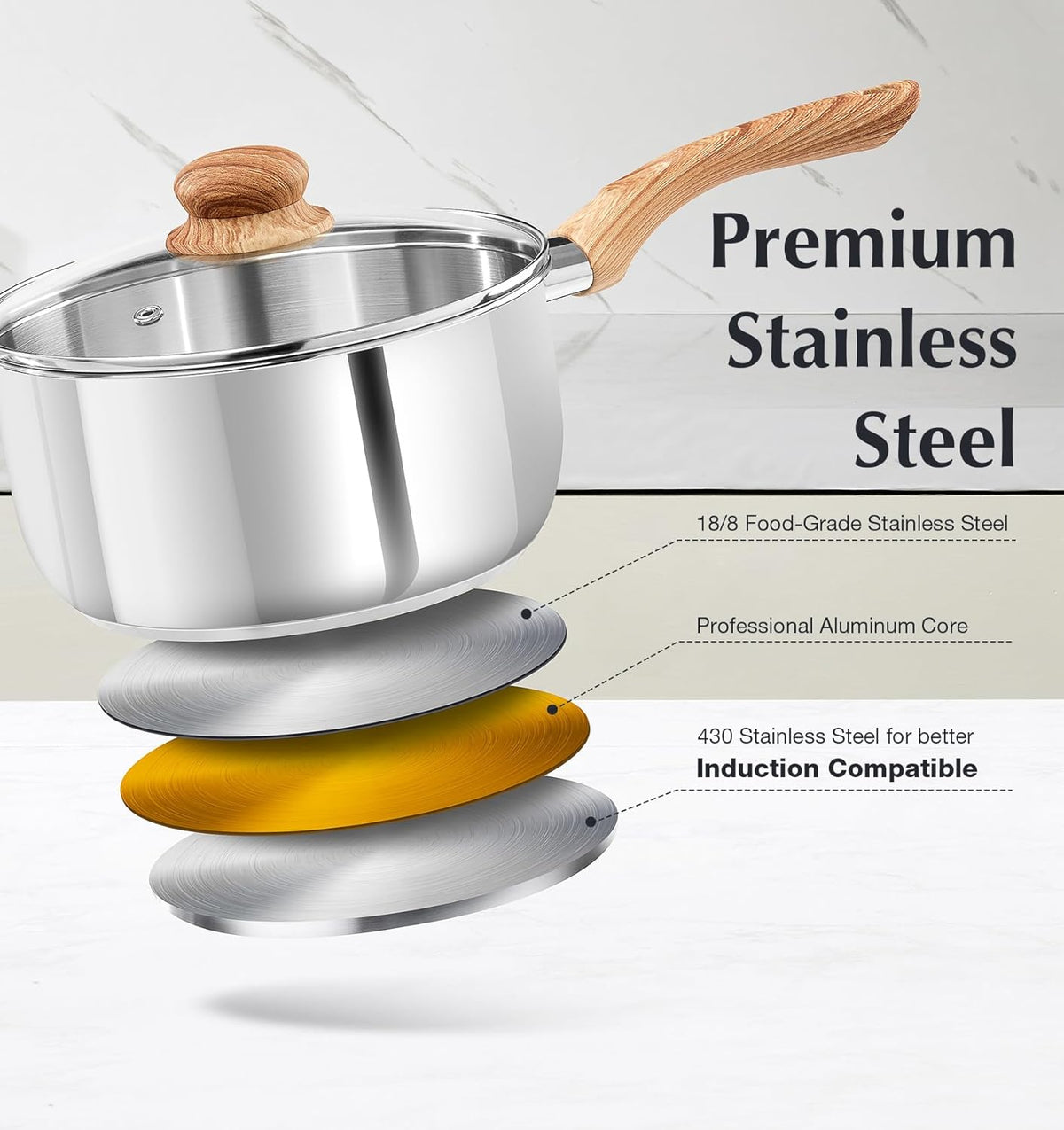 KOCH SYSTEME CS Stainless Steel Saucepan, 2 Quart Saucepan with Lid & Heat-resistant Bakelite Handle, Tri-ply Bottom Steel Sauce Pan with Lid, Induction Ready, Stainless Steel Pot 2QT
