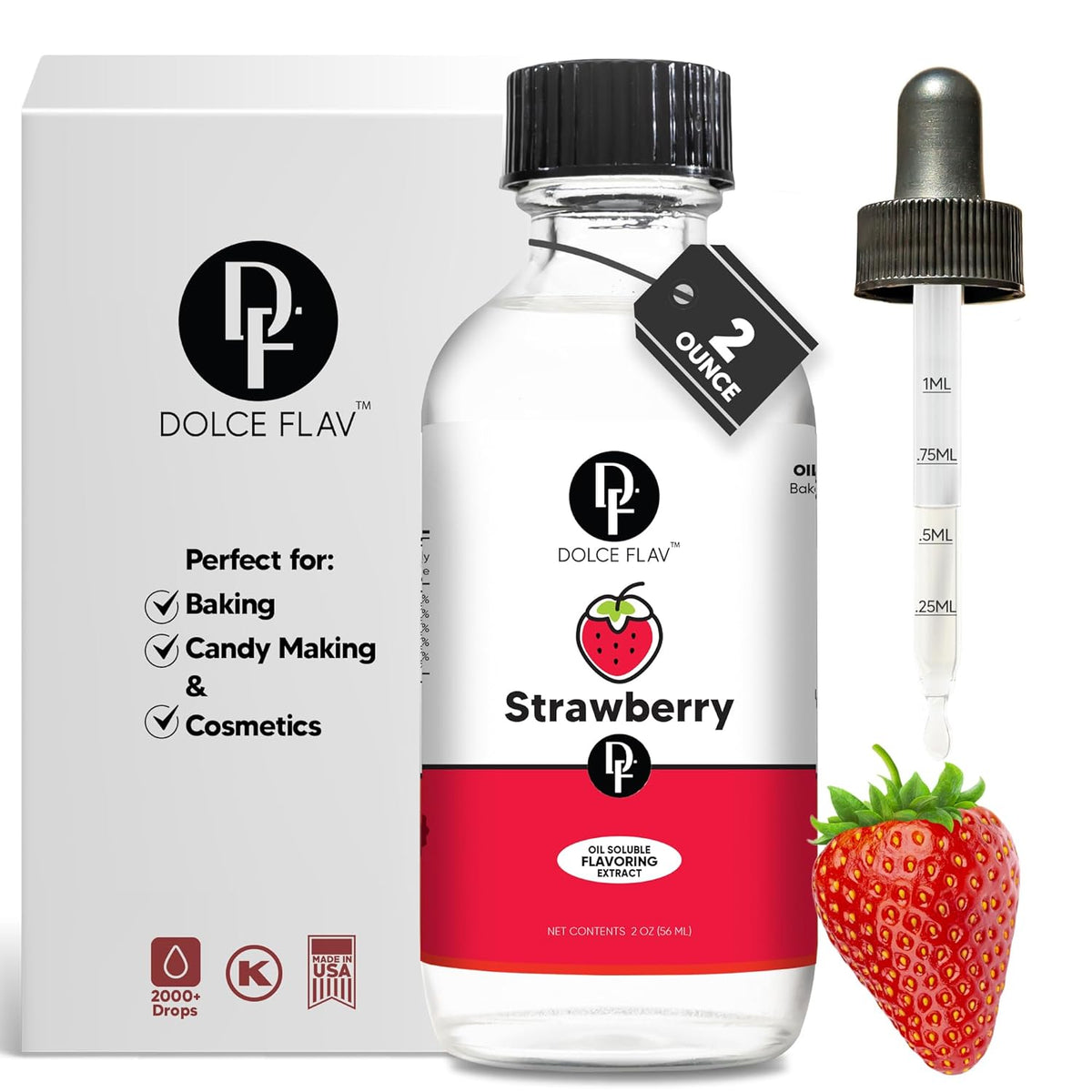 Dolce Flav Strawberry Extract – 2 Ounce Oil-Soluble Kosher, Sugar-Free, Concentrated Berry Flavor for Candy, Chocolates & Desserts, Includes Measured Dropper