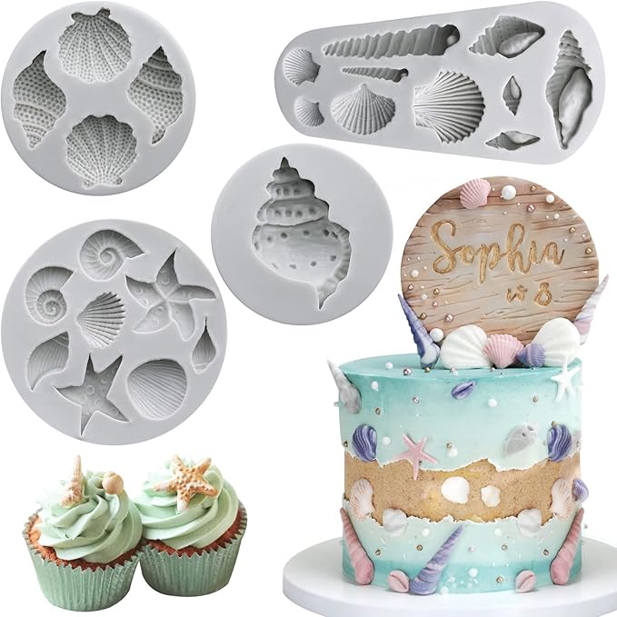 Sakolla Marine Theme Fondant Molds, 4 PCS Seashell Conch Starfish Baking Silicone Molds for Cake Decoration Chocolate Soap Crafting