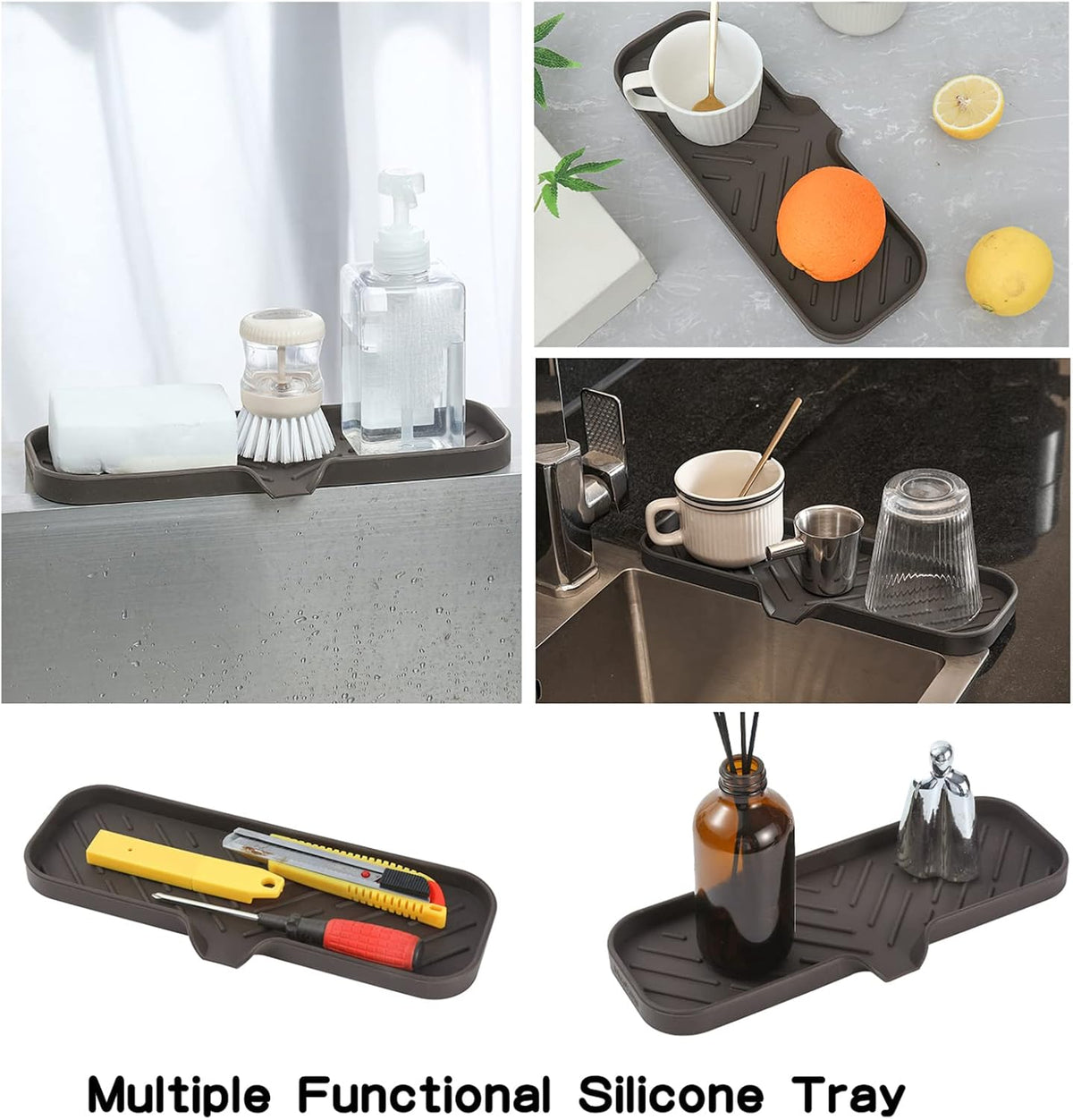 Silicone Bathroom Soap Dishes with Drain Spout-Bathroom and Kitchen Sink Organizer,Sponge Holder,Dish Soap Tray,Perfect for Dispenser,Scrubber,Bottle,Cup on Sink or Counter-Coffee 12"×4"