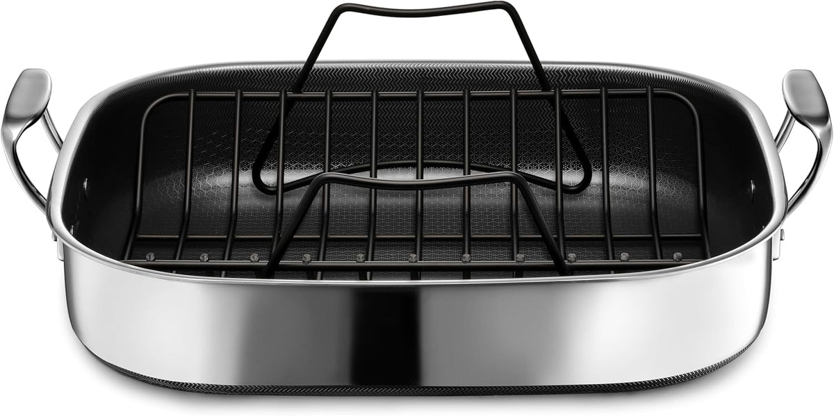 HexClad Hybrid Nonstick Roasting Pan with Rack, Dishwasher-Friendly, Oven-Safe Up to 900°F, Compatible with All Cooktops