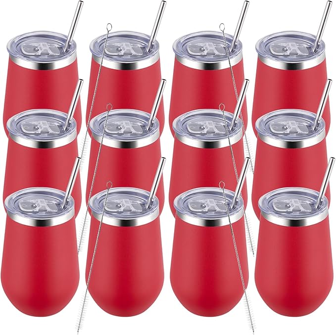 MEWAY Stemless 12oz Insulated Wine Tumbler with Lid and Straw - Double Wall Stainless Steel Thermal Cups for Hot and Cold Drinks, Bridal Shower Prizes for winners(Red,Set of 12)