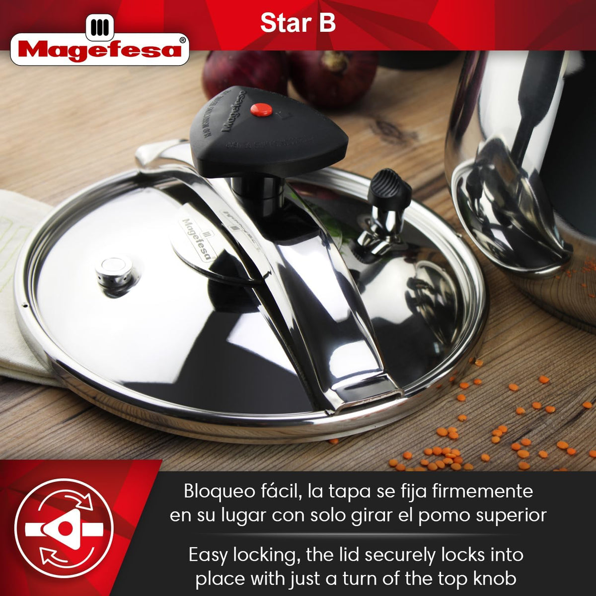MAGEFESA Star Belly Pressure Cooker 10.6 Qt – 18/10 Stainless Steel, Rounded Bottom, 3 Safety Systems, Works on All Stovetops Including Induction, 8 PSI