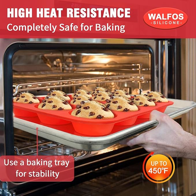 Walfos Silicone Muffin Pan Set of 3, Including Regular 12 Cups Muffin Pans, 24 Cups Mini Muffin Pan & 6 Cups Muffin Top Pan, Non-Stick Cupcake Pan, Easy to Pop Out & Dishwasher Safe