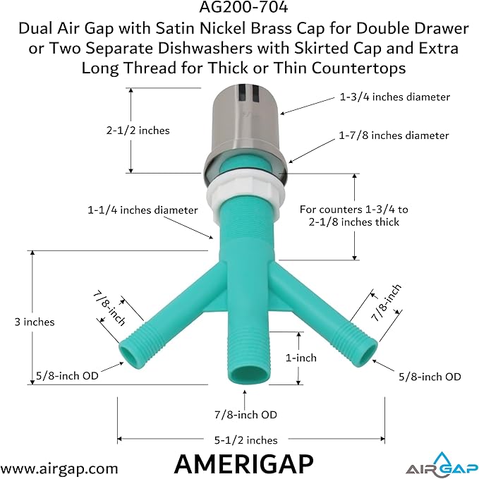Dual Air Gap with Satin Nickel Brass Cap for Double Drawer or Two Separate Dishwashers with Skirted Cap and Extra Long Thread for Thick or Thin Countertops (AG200-704, AG200-X04, AMERIGAP)