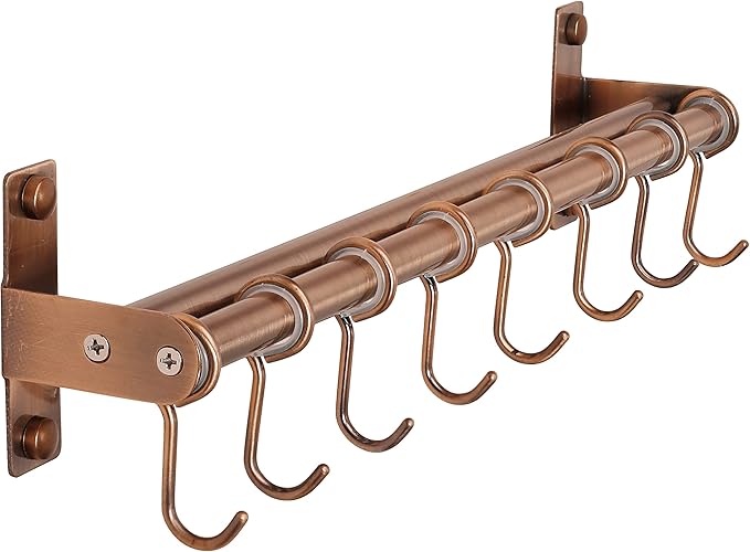 Dseap Pot Rack - Pots and Pans Hanging Rack Rail with 8 Hooks, Double Bars, Pot Hangers for Kitchen, Wall Mounted, Antique Copper