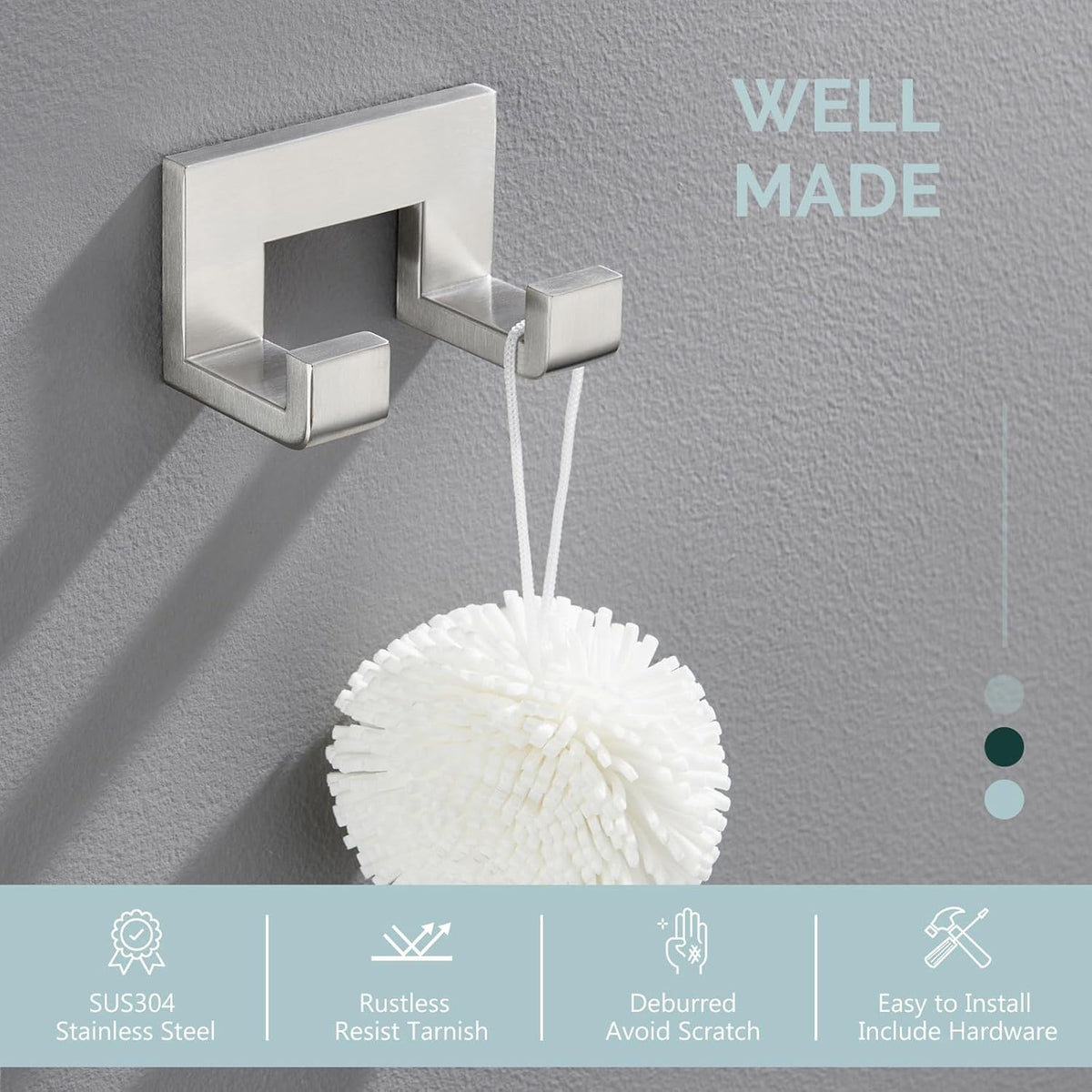 Angle Simple Double Towel Hook Brushed Nickel, 304 Stainless Steel Robe Coat Hook for Bathroom, Wall Mount