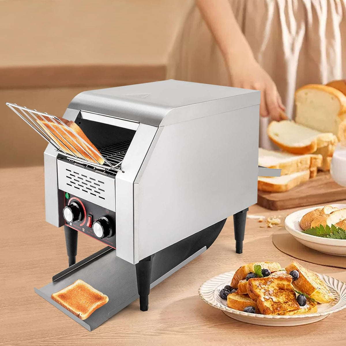 Commercial Conveyor Toaster 150 Slices/Hour Stainless Steel Conveyor Toaster 1300W Electric Toasters Oven Heavy Duty Countertop Restaurant Toaster for Cafes Bun Bagel Bread