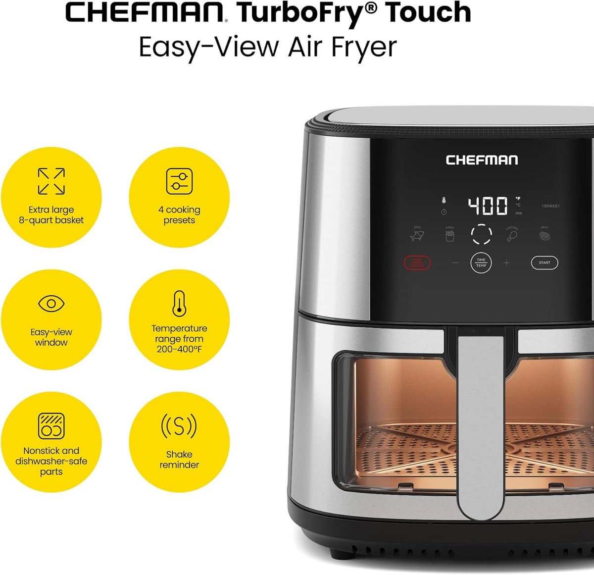 CHEFMAN Easy-View Air Fryer – 8 Qt Family Size with Viewing Window, One-Touch Digital Control with 4 Presets, Nonstick & Dishwasher Safe, Broil, Roast, Dehydrate, Bake, Auto-Shutoff, Stainless Steel