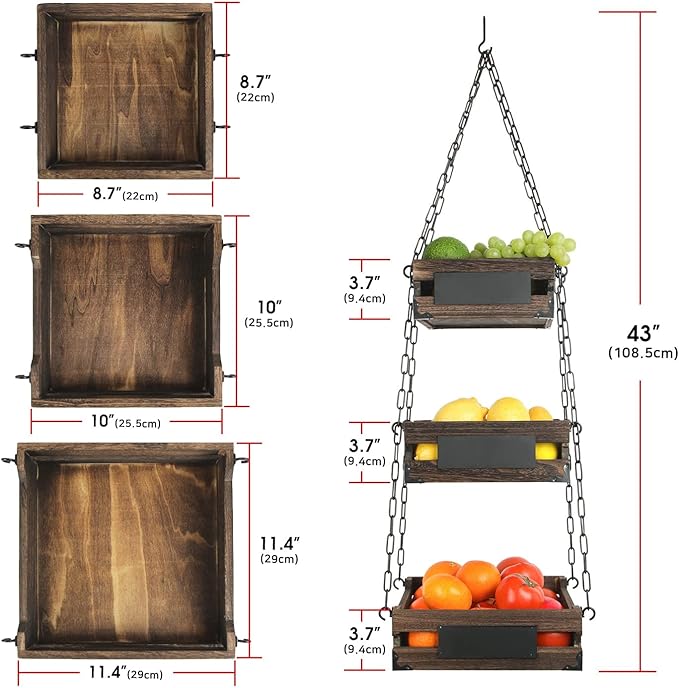 J JACKCUBE DESIGN 3-Tier Rustic Wood Hanging Fruit Basket, Kitchen Fruit, Vegetable Storage Organizer, Countertop Space Saver- Heavy Duty Metal Hooks- MK1008A