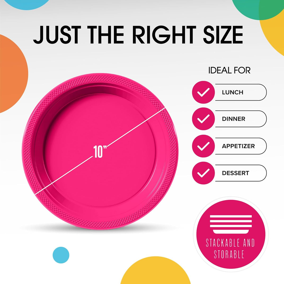 Exquisite Party Solids Hot Pink Plastic Plates For Party 10" Hot Pink Disposable Plates Heavy Duty Supplies 100 Pcs Plastic Dinnerware Sets Heavy Duty 350 GSM Disposable Dinnerware Set