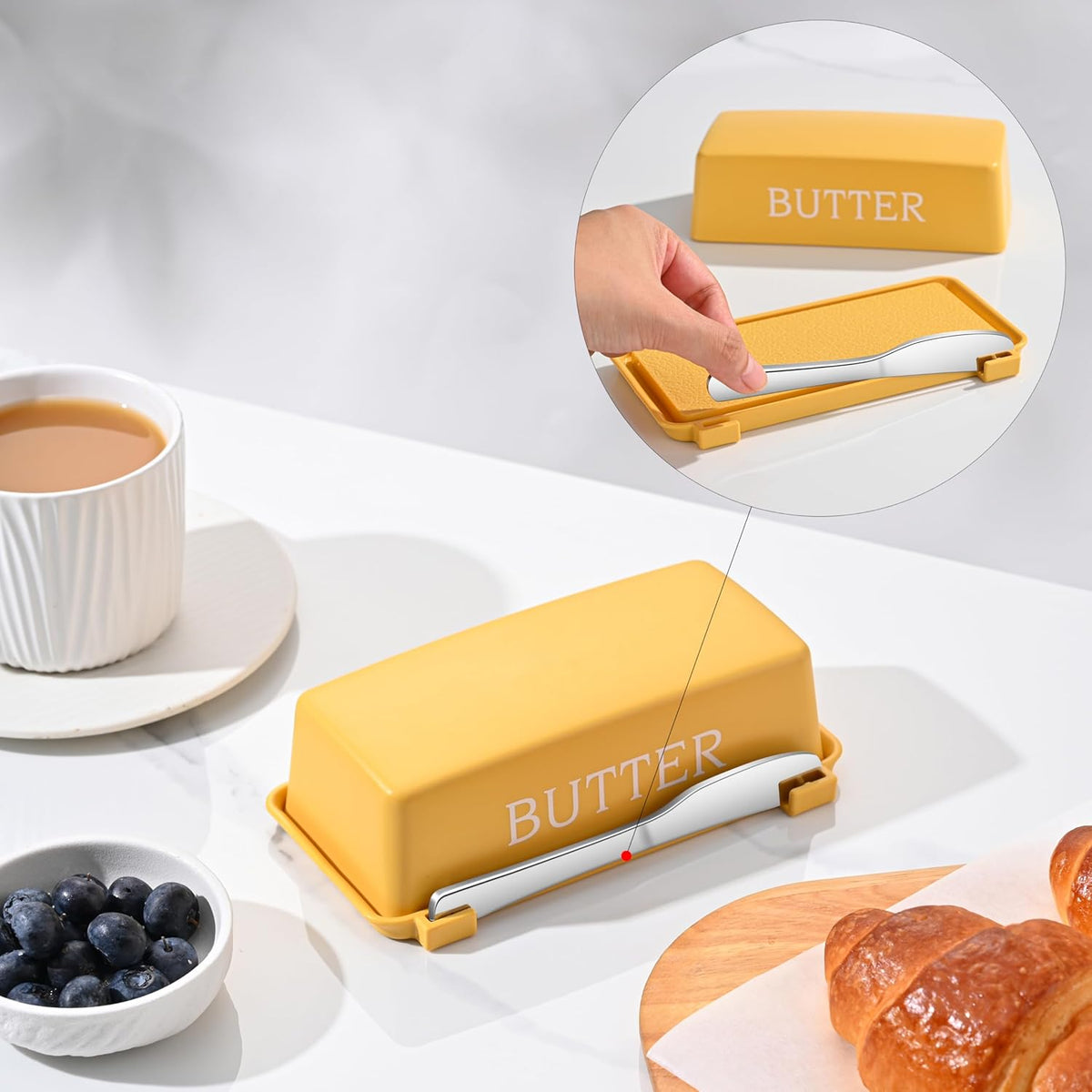 Butter Tray With Cover And Knife,Food Grade Plastic Butter Dishes With Lid And Stainless Steel Cheese Knife For Countertop,Yellow Cheese Storage Container