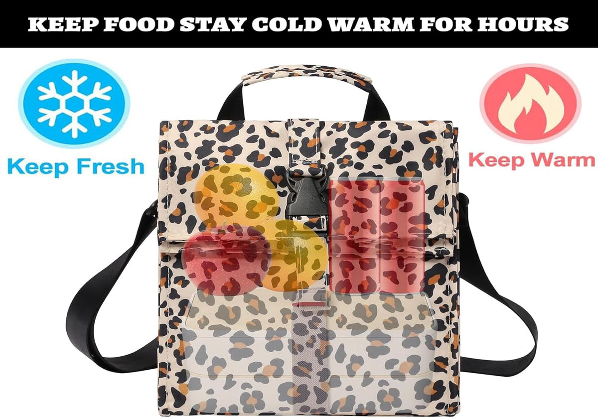 Insulated Foldable Lunch Bag- Lightweight Portable with Adjustable Shoulder Strap Lunch Box for Men, Women, Office, Work, Picnic, Hiking and Beach (Leopard(Soft Fabric))