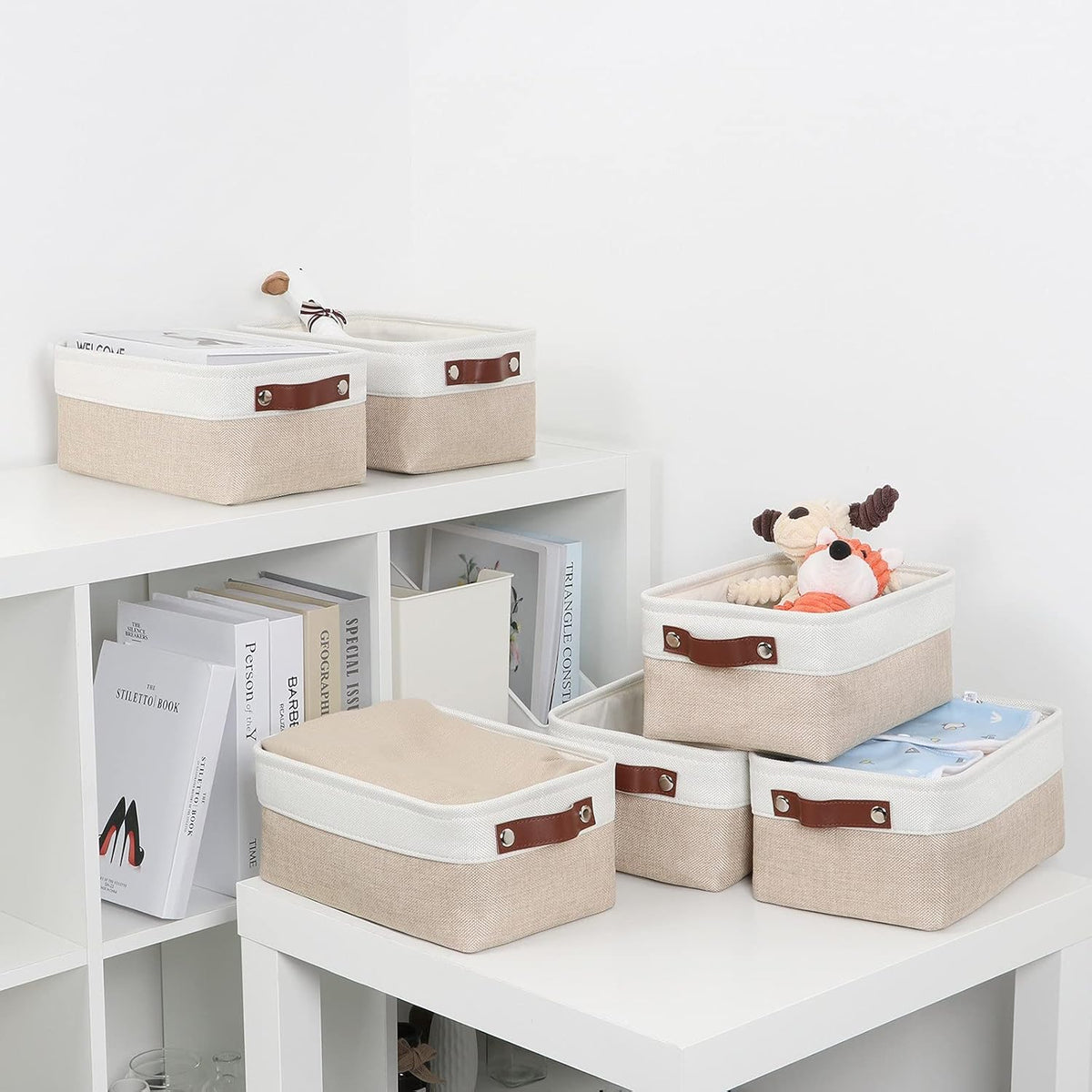 DULLEMELO Small Storage Bins, Storage Baskets for Organizing, Collapsible Rectangular Fabric Baskets for Shelves, Closets, Nursery, Home, Office, Empty Gift Baskets (6-Pack, White&Khaki)