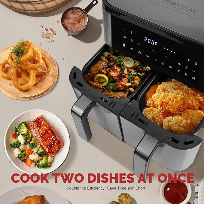Upgraded Large 10QT Dual Air Fryer, Digital Touchscreen, Smart Sync Cook & Finish Function to Air Frying, Reheat, Bake, Double Baskets for Fresh Meals, Snack for Family and Children