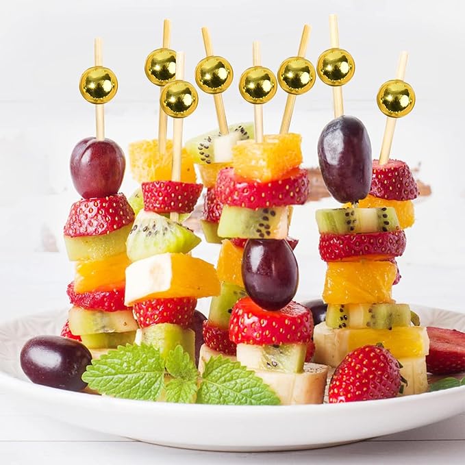300Pcs Fancy Toothpicks for Appetizers,4.7Inch Gold Pearl Cocktail Picks For Drinks,Bamboo Appetizer Skewers for Charcuterie Boards Accessories,Martini, Sandwich,Desserts,Fruit,Gold Party Decorations