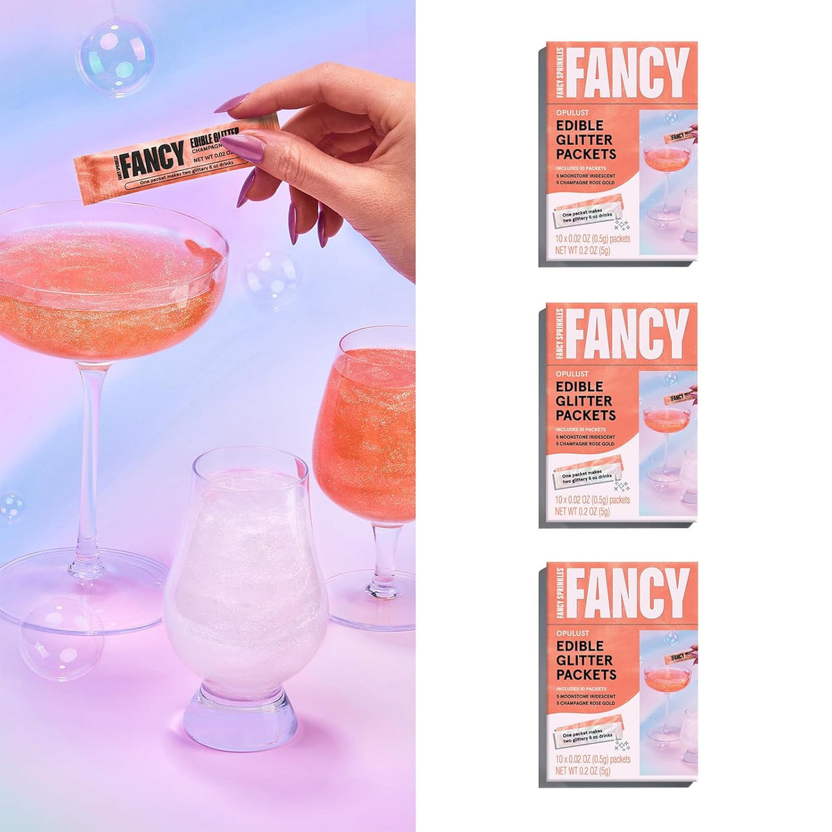 Fancy Sprinkles Opulust Edible Glitter Packets Portable & On-The-Go for Sparkling Drinks, Champagne, Cocktails, Wine, Beer, & more. (3 Pack)
