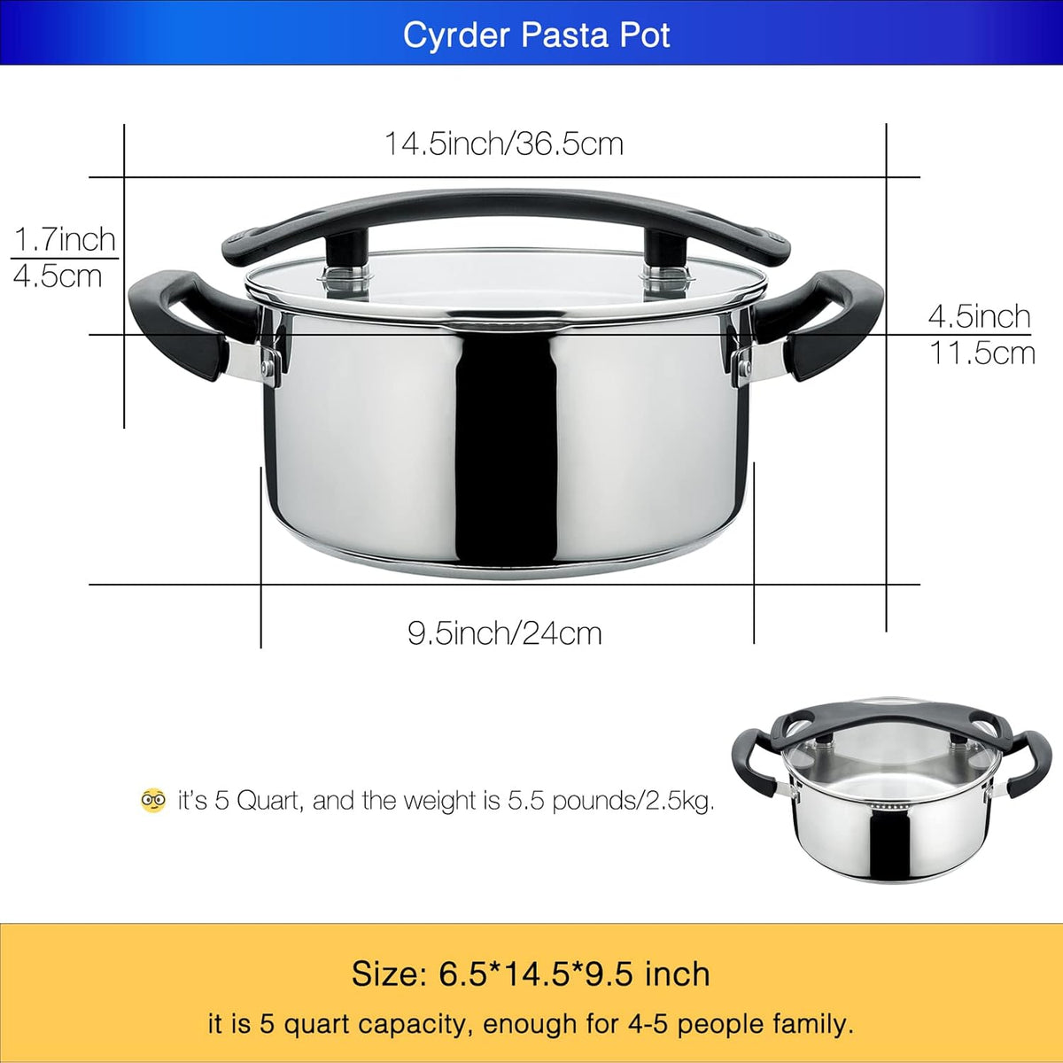 Stainless Steel Pasta Pot, Dutch Oven, Induction Pasta Pot with Strainer Lid, Stock Pot/Soup Pot, Easy Cleanup Stylish Cookware, Dishwasher Safe, 5 Quart