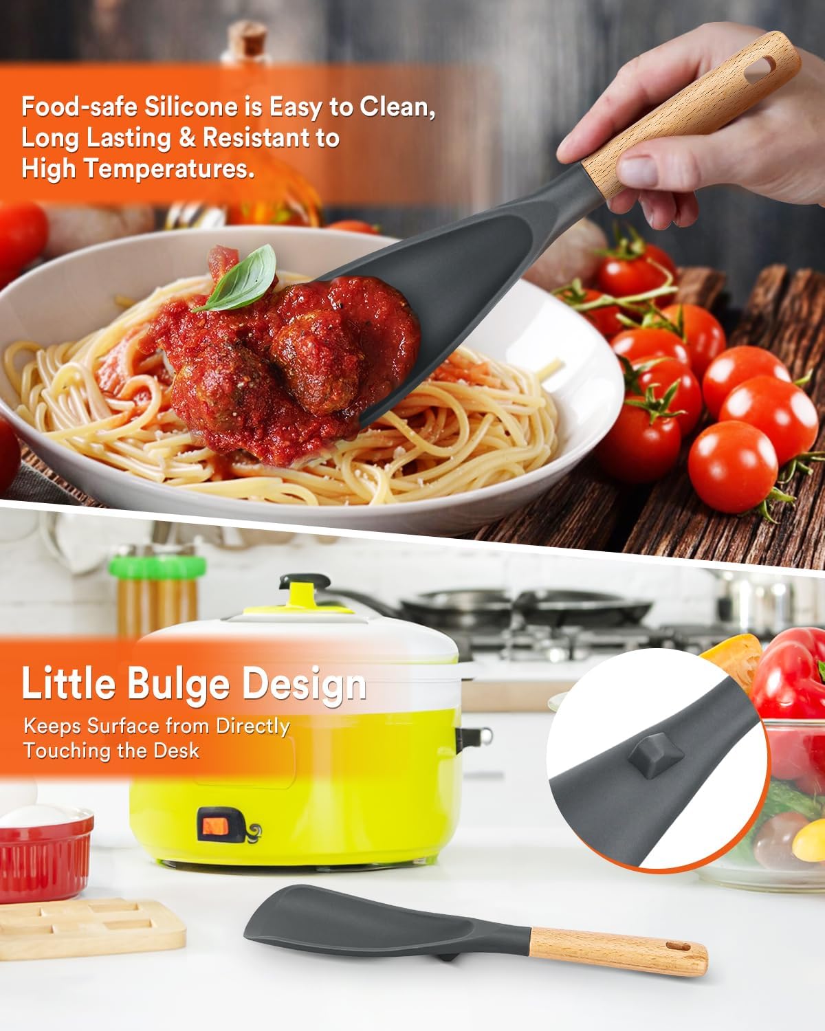 Cooking Spoon and Rice Scooper for Nonstick Cookwares, Great for Cooking and Serving Sturdy BPA-Free Matte Silicone, Wood Handle Spoon for Mixing, Scoop, and Scrape (GREY)