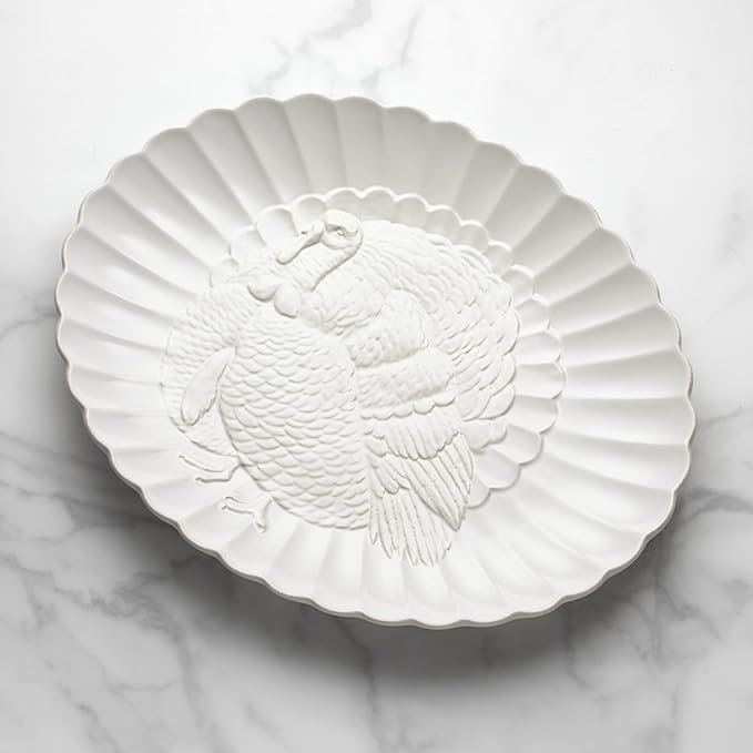 Lenox Serveware, Lenox French Perle Carved Turkey Platter, Scalloped, Oval, 18-Inch, Stoneware, Dishwasher Safe, Turkey Platter for Thanksgiving, Winter Hosting, Christmas Serving (White, 1 Piece)